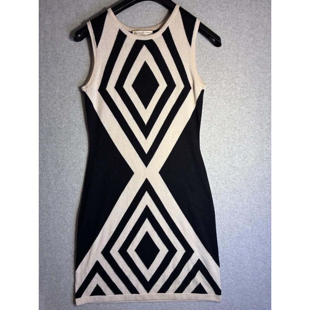 Morgan Mcfeeters VTG Knit Dress Sz Xs Silk Wool Sleeveless Black Beige Geometric